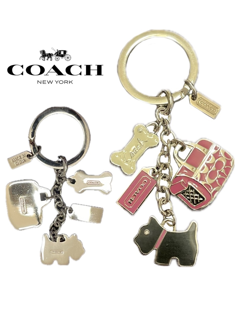 NEW Vintage COACH Scottie Dog Pink Enamel Multi Bone Pet Carrier Charm Fob Key